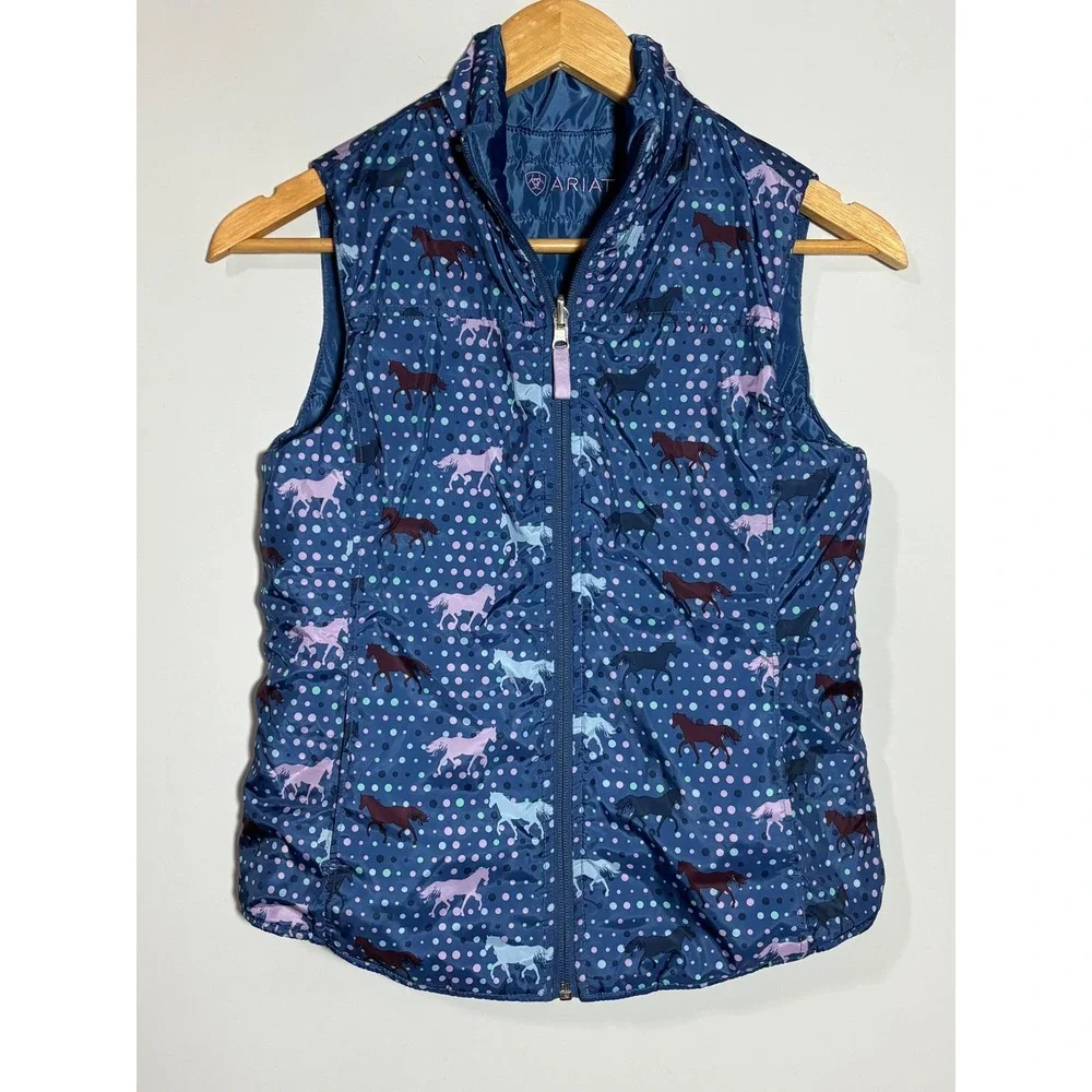 Ariat Reversible Puffer Vest Kids XL 14 Blue Horse Polka Dot Print Quilted Zip